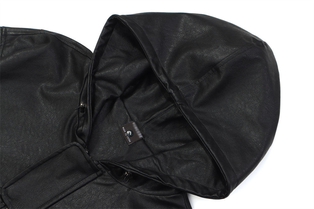 Dark Motorcycle Style Hooded Leather Jacket Men