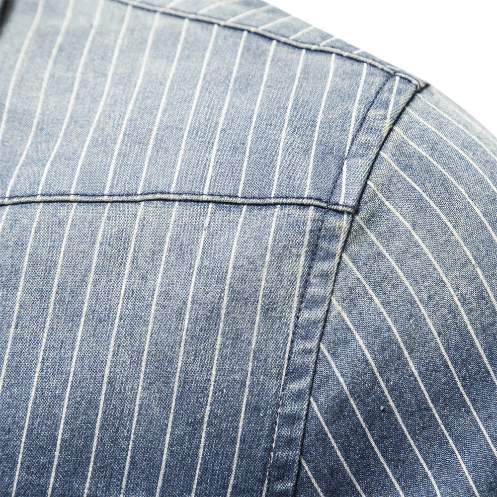 Men's Fashion Casual Heavy-duty Washed Distressed Striped Denim Shirt