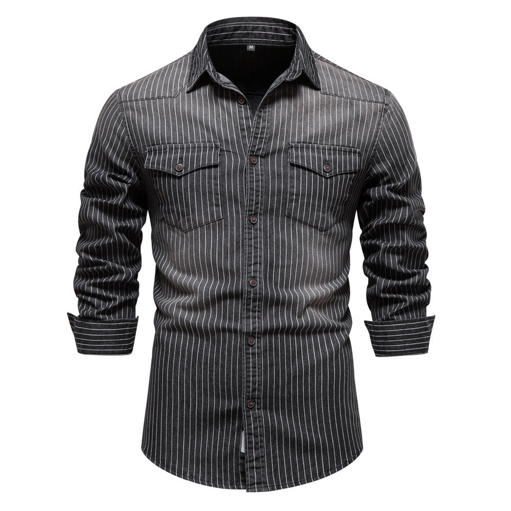 Men's Fashion Casual Heavy-duty Washed Distressed Striped Denim Shirt