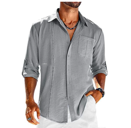 Casual Lace Polo Collar Solid Color Long Sleeve Button Men's Shirt