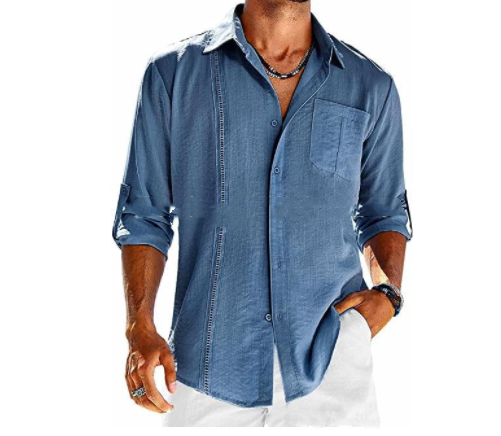 Casual Lace Polo Collar Solid Color Long Sleeve Button Men's Shirt